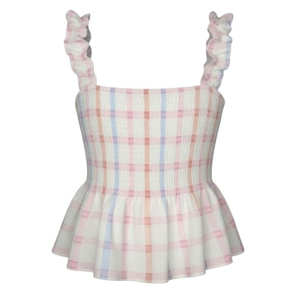 Blu Pepper Juniors Size M Multicolor Plaid Smocked Ruffle Strap Peplum Tank Top - Picture 2 of 9